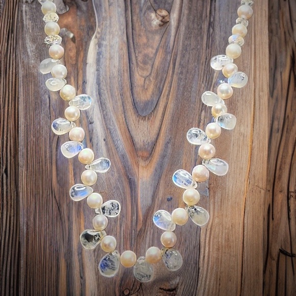Hand Made Moonstone Pearl Statement Necklace - Picture 2 of 13